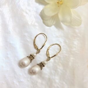 Bridgerton Gold White Pearl Clasp 14k Gold Filled Dangle Earrings